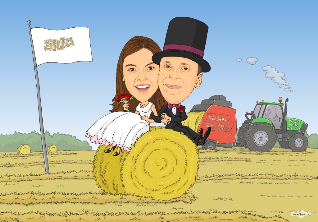 karikatūra siena kaudzes balts karogs cilindrs astes mētelis traktors lauks kampaņa jaunlaulātie